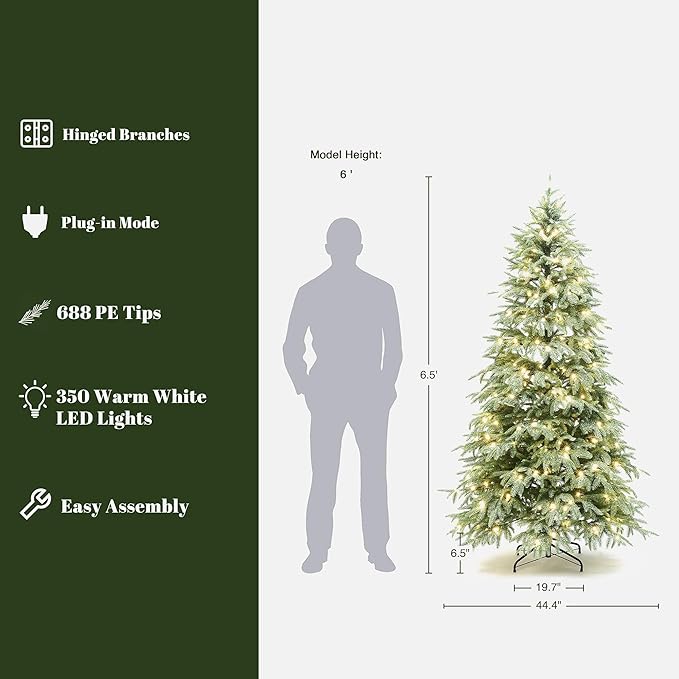 LuxenHome 6.5FT Prelit Christmas Tree with Lights, Green Flocked Artificial Christmas Tree with 350 LED Lights, 688 PE Branch Tips, Plug-in Prelit Pine Tree Indoor, Outdoor Holiday Décor