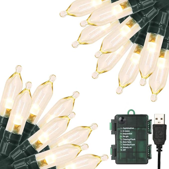 Christmas Lights 33ft 100 LED Battery String Lights with Timer Memory Function USB or Battery Powered Waterproof String Lights for Indoor Outdoor Decoration (Warm White)