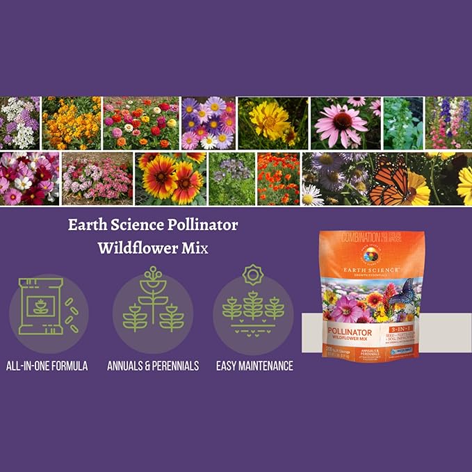 Earth Science Wildflower Pollinator Mix— 6 lb—3-in-1 Mix with Premium Wildflower Seed, Plant Food and Soil Conditioners, Non-GMO, for Bees, Hummingbirds, Butterflies, Pollinators