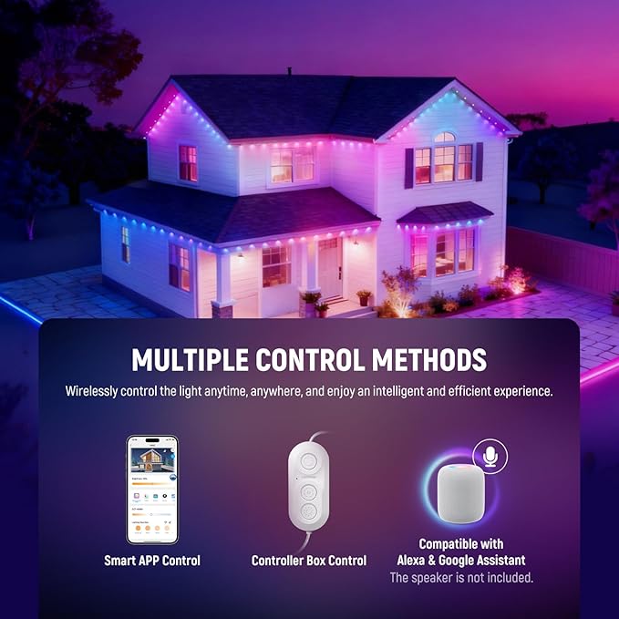 NEEWER 48ft Permanent Outdoor Lights for House Decor, Smart AI RGBCW Outside Eaves String Christmas Lighting with 30 LED Lights App Control 53 Scenes IP67 Waterproof, Compatible with Alexa, NR02