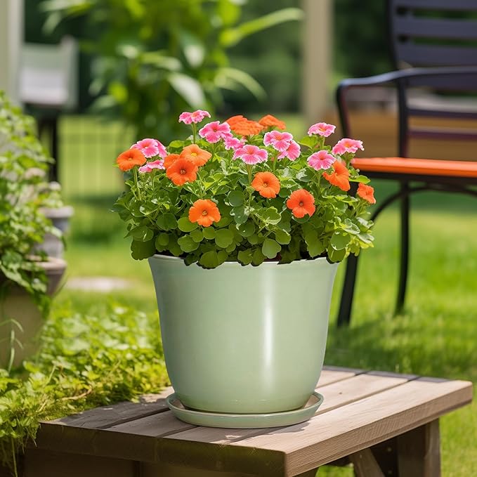 Ceramic Planter - 12 Inch Plant Pot for Indoor Outdoor, Round Planter with Drainage Hole and Saucer, Large Plant Pot, Modern Flower Pots, Home Garden Apartment Decor, Gardening Gifts, Green