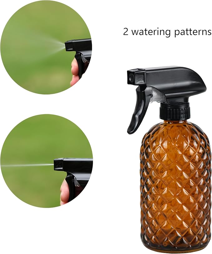12Oz Glass Plant Spray Bottle, Gem Pattern Glass Sprayer, Watering Can with Black Plastic Top Pump, Handheld Watering Can for Indoor Outdoor Potted Plants and Greenery (Amber)