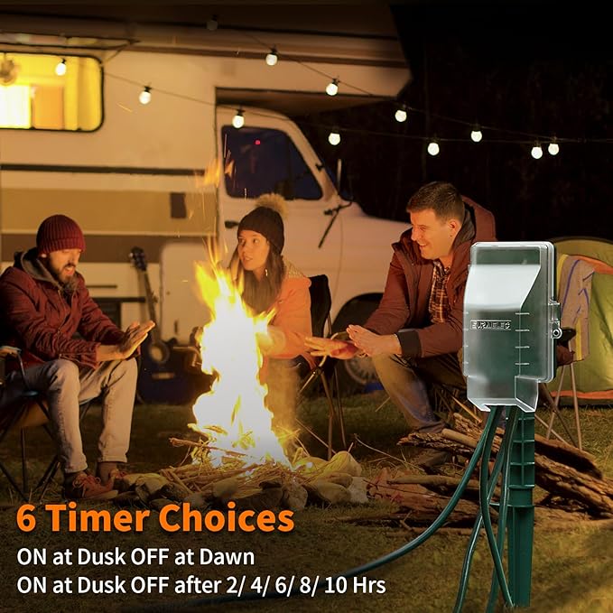 SURAIELEC Outdoor Power Stake Light Timer, Dusk to Dawn, 6 Electrical Outlet Power Strip Weatherproof, 6FT Extension Cord for Patio Lights, Sprinkler, Garden, Christmas Decorations, ETL Listed