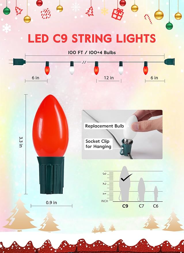 Vintage C9 LED Christmas Lights Outdoor, 100 Feet C9 String Lights with 100 Shatterproof C9 Bulbs, Waterproof Connectable Christmas Tree Lights for Outside Roofline Patio Xmas Decor, Red & Pure White