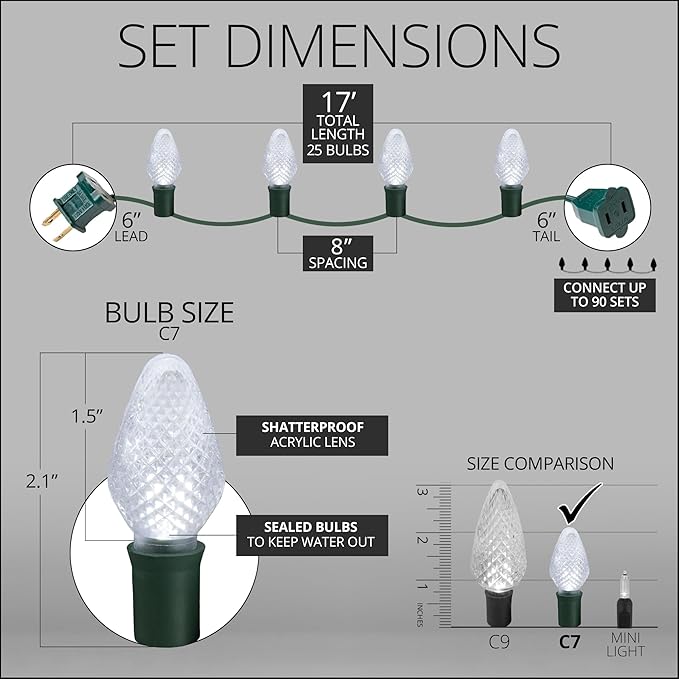 Wintergreen Lighting C7 Cool White LED Christmas Lights, 17 ft String Light Set with 25 Bulbs – Indoor/Outdoor Holiday Decor