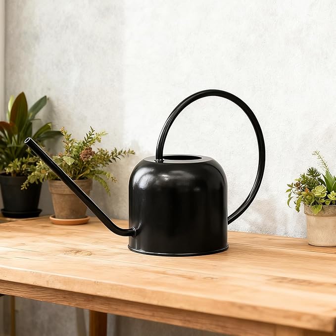 Bamworld Watering Can for Indoor Outdoor Plants 54oz/1.6L Metal Stainless Steel Pot with Long Spout Sprinkler for House Plants Bonsai Garden Flower Decorative Water Pitcher Garden Tools Black