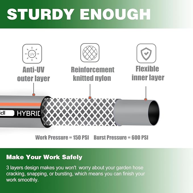 Garden Hose 50 ft 5/8,Rubber Water Hose Heavy Duty, Hybrid Durable Flexible Hose,Lightweight No Kink Hose for Outdoor Yard Lawn with Sprayer Nozzle and 3/4''Brass Solid Fittings