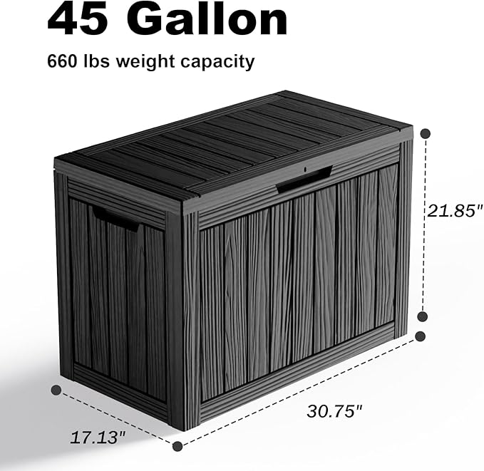 45 GallonOutdoor Storage Box,Resin Deck Boxes Waterproof, IndoorOutdoor Bin for Package Delivery, Patio Cushions, Gardening Tools, Lockable, UV Resistant
