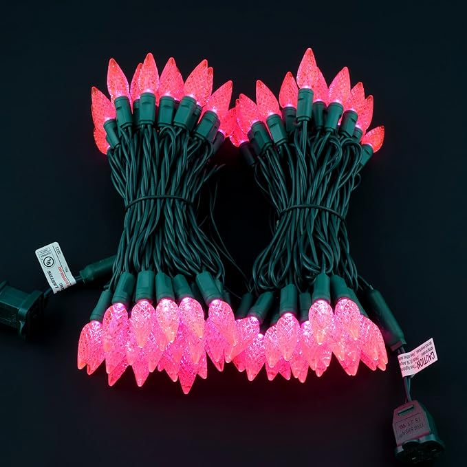 YULETIME Pink C6 Strawberry LED Christmas Lights, 33 ft 100 Count 4" Spacing One-Piece High Waterproof UL Certified String Light (Pink)