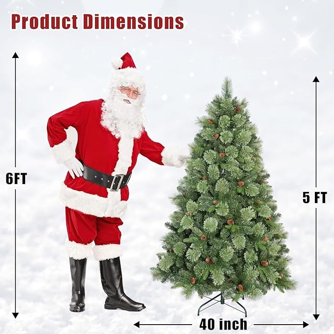 Kadunmina 5ft Artificial Christmas Tree Carolina Pine Tree, Unlit Hinged Premium Xmas Trees with 647 Branch Tips, Pine Cones, Foldable Metal Stand for Home, Office, Holiday Party Decoration