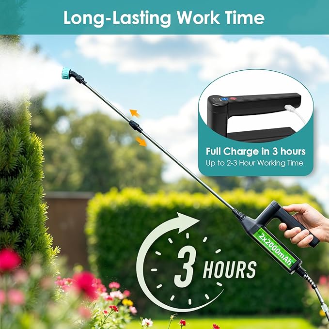 Battery Powered Sprayer 2 Gallon, 2025 Upgraded Electric Weed Sprayer with 3 Spray Forces, Battery Indicator, Rechargeable Handle,4 Mist Nozzles,23.6" Retractable Wand,Shoulder Strap, for Lawn&Garden