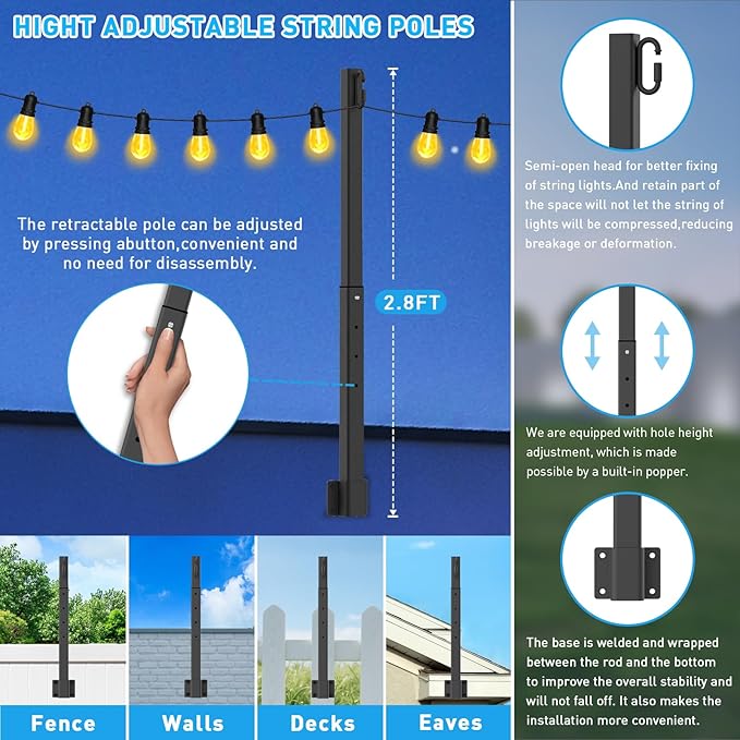 6 Pack 2.8 FT String Light Poles,Metal Lights Poles for Outdoor String Light, Rustproof Heavy Duty for Outside Garden,Patio,Wedding,Backyard,Deck,Party