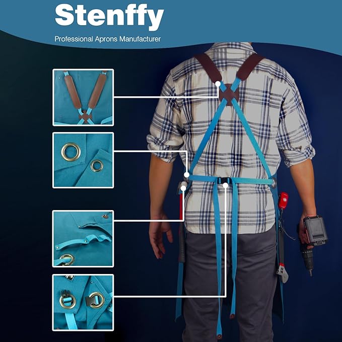 Woodworking Apron, Tool Apron, Canvas, Multiple Pockets, Adjustable Zipper, Metal Ring, Tape Measure Clip, Plus Size, Blue