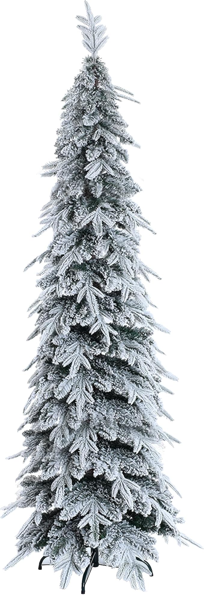 LuxenHome 7FT Flocked Christmas Tree, Unlit Downswept Slim Pencil Christmas Tree with 557 PE+PVC Brand Tips, Tall Artificial Christmas Trees with Stand for Indoor, Outdoor Holiday Decorations