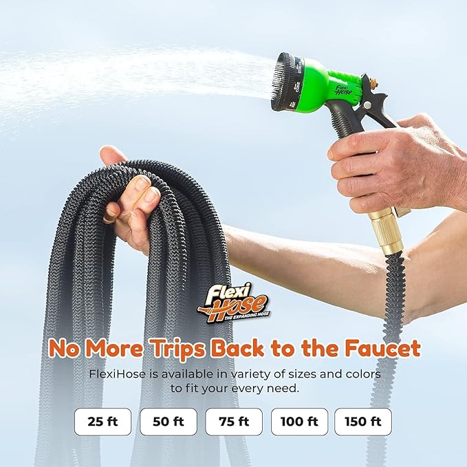Flexi Hose PLUS with 8 Function Nozzle Expandable Garden Hose, Lightweight & No-Kink Flexible Garden Hose, 3/4 inch Solid Brass Fittings and Double Latex Core, 50 ft Black