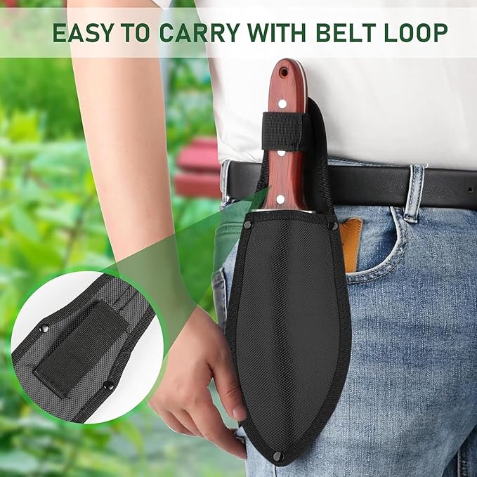 Hori Hori Garden Knife, Garden Tools with Sheath for Weeding,Planting,Digging, Stainless Steel Blade with Cutting Edge, Full-Tang Wood Handle with Hanging Hole