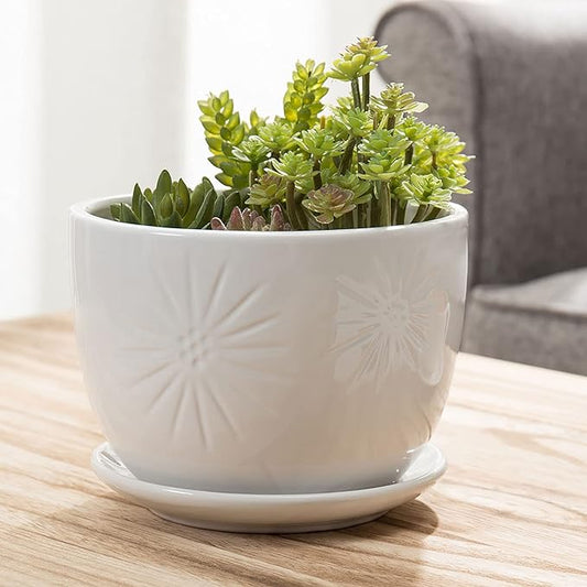 MyGift 7 Inch Round White Ceramic Plant Pot with Drainage Hole and Attached Saucer, Modern Decorative Embossed Sunburst Planter Container for Indoor Home Garden