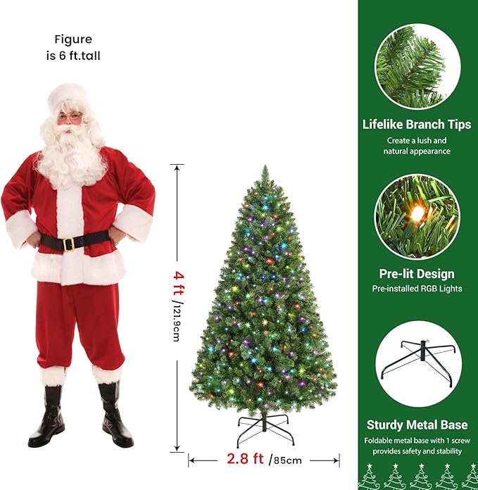 SHareconn 4ft Prelit Artificial Classic Spruce Christmas Tree with Remote Control, 100 Warm White & Multi-Color LED RGB Lights, 414 Branch Tips, 4 FT Perfect Choice for Home Xmas Decoration, Green