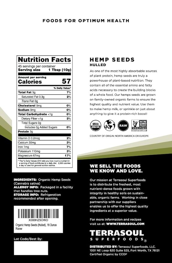Terrasoul Superfoods Organic Hemp Seeds, 16 Oz, Versatile Superfood for Smoothies, Salads, and Grain-Free Toppings