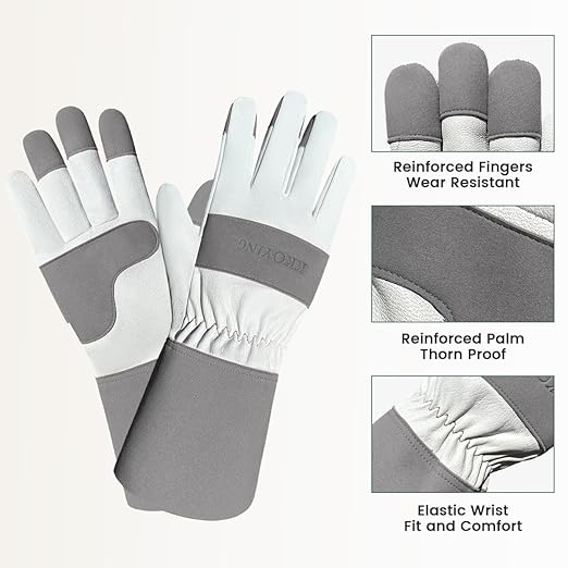 Gardening Gloves, Long Thorn Proof Garden Gloves for Women and Men, Goatskin Breathable Leather Work Gloves for Gardening, Pruning, Yard Work, Grey, M