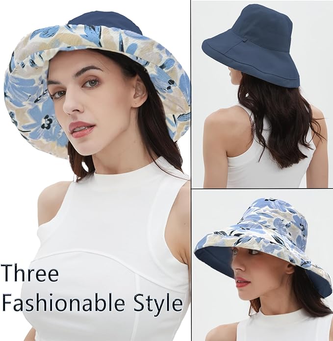 vidsel Womens Sun Hats Wide Brim Reversible Bucket Cotton Hat Packable Summer Travel Cap with Hat Clip,UV Protection