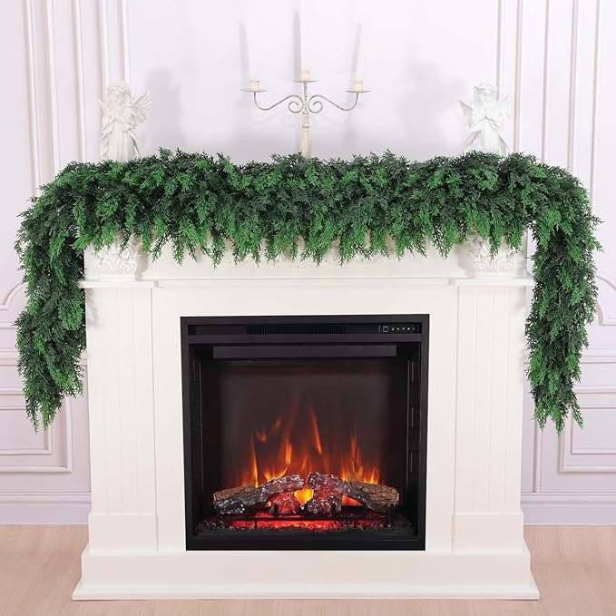 Hananona 9 FT Artificial Cedar Garlands, Real Touch Winter Cedar Garland, Green Artificial Greenery Pine Garland for Table, Mantle, Wall, Indoor, Outdoor Christmas Decorations (1, 9 FT)