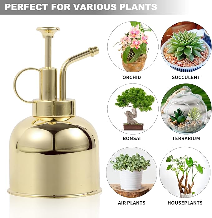 Plant Mister Spray Bottle, Metal Stainless Steel Plant Sprayer Mister, Small Watering Can Plant Spritzer with Top Pump for Indoor House Air Plants Succulents Outdoor Garden Decorative(Gold)