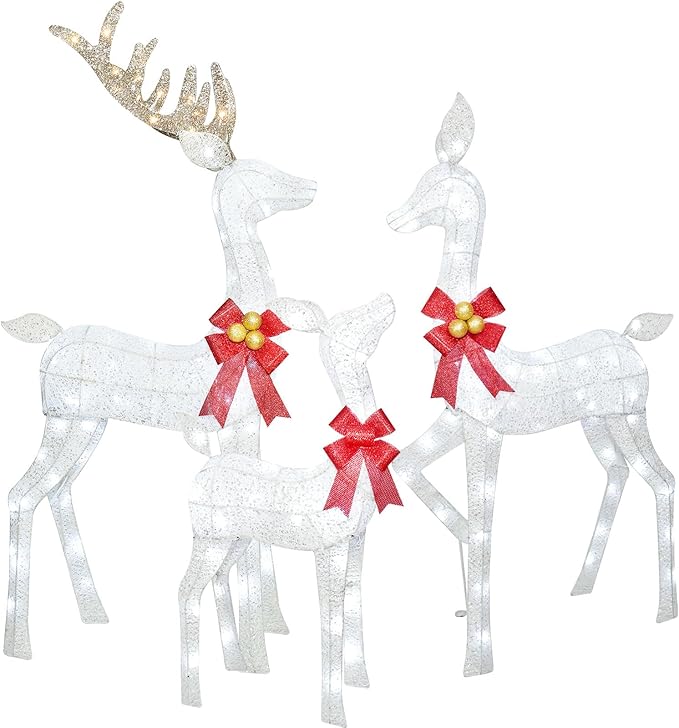 Lighted Christmas Decoration Deer 3 Piece, Light up Christmas Decor Reindeer Family Set for Indoor Outdoor Front Yard Porch with LED Lights, Plug, Ground Stakes - White