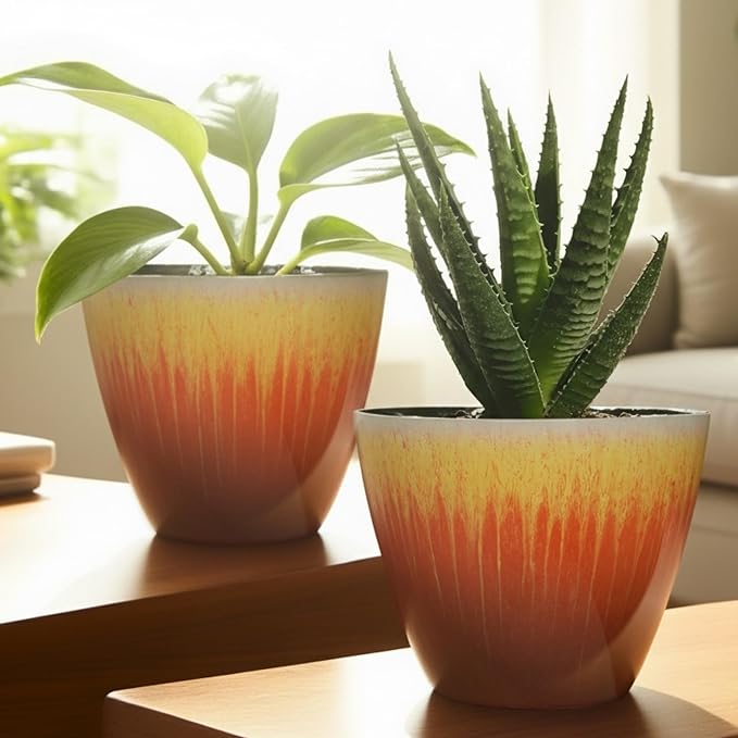 Plant Pots Pack of 4, 8 inch Plastic Flower Pots, Modern Glossy Finishing Planter for Indoor Outdoor Plants (Orange Glaze, 4 Pack)