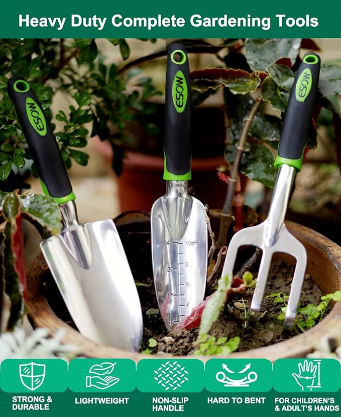 ESOW Garden Tool Set, 3 Piece Cast-Aluminum Heavy Duty Gardening Kit Includes Hand Trowel, Transplant Trowel and Cultivator Hand Rake with Soft Rubberized Non-Slip Ergonomic Handle, Garden Gifts