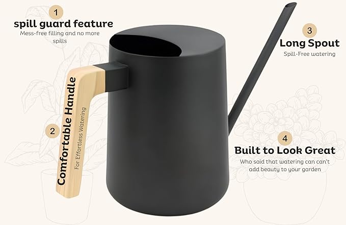 Watering Can for Indoor Plants, 33 oz/1 Liter Metal Stainless Steel Pot with Long Spout for House Plants (Matte Black)