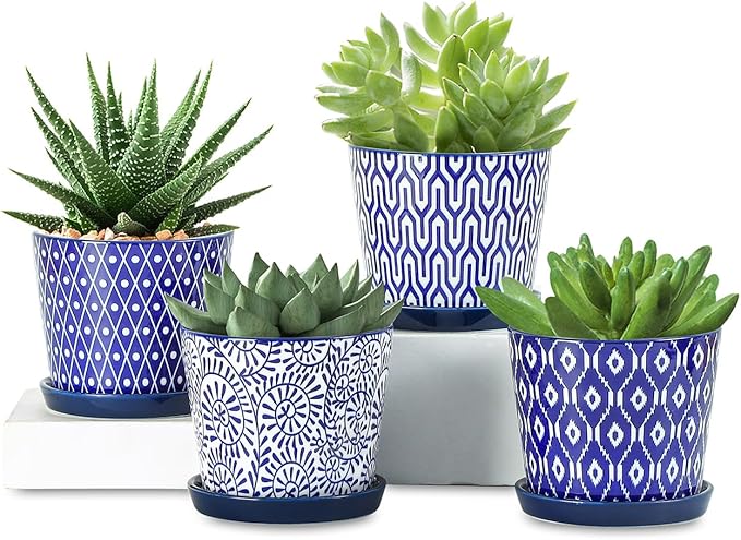 Selamica Ceramic Succulent Pots, 4.3 Inch Small Plant Pots with Drainage Holes and Saucers, Small Flower Pots for Succulent, Cactus, Home Decor, Set of 4, Vintage Blue