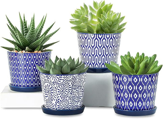 Selamica Ceramic Succulent Pots, 4.3 Inch Small Plant Pots with Drainage Holes and Saucers, Small Flower Pots for Succulent, Cactus, Home Decor, Set of 4, Vintage Blue