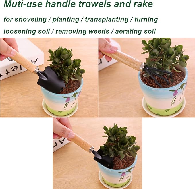 3 Pcs Mini Garden Tools Set Small Tiny Shovel Trowel and Hand Rake with Solid Wood Handle Indoor Gardening Tools for Pot Plants Succulent Bonsai