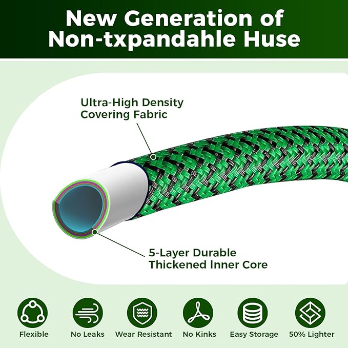 Upgraded Garden Hose 50ft, Non-Expandable Hose, Heavy Duty Kink-Resistant Flexible Water Hose with High-Density Fabric,LeakProof Hose Metal Shut-Off Valve Connector for Patio, Car Wash. (50FT)
