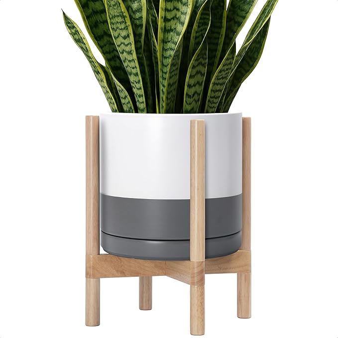 D'vine Dev Ceramic Planter with Natural Stand - 12 Inch Modern Round Flower Pot with Wood Planter Holder, White/Grey, 55-B-J-6