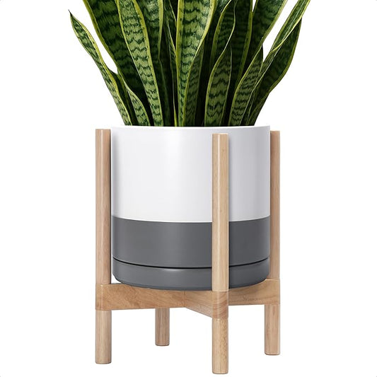 D'vine Dev Ceramic Planter with Natural Stand - 12 Inch Modern Round Flower Pot with Wood Planter Holder, White/Grey, 55-B-J-6