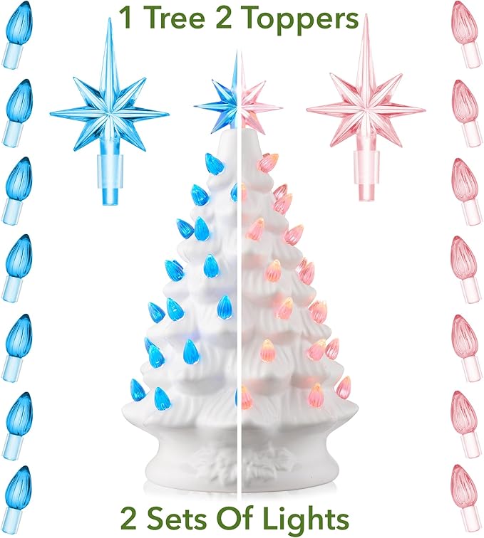 Casafield Hand Painted Ceramic Christmas Tree, White 12-Inch Pre-Lit Tree with 100 Pink and Blue Lights and 2 Star Toppers