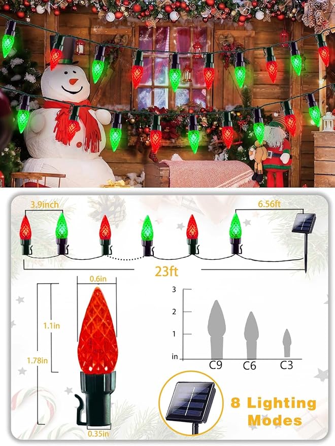C6 Solar Christmas Lights Outdoor, 50 LED 16FT Christmas Decorations Outdoor Waterproof, Solar String Lights for Outside with 8 Modes, Fairy Twinkle Light for Tree Garden Xmas Decor (Red and Green)