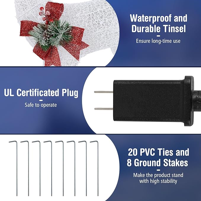 Tangkula 6 FT Christmas Lighted Reindeer & Santa’s Sleigh, Xmas Lighted Outdoor Yard Decoration with 215 LED Lights & 4 Ground Stakes, Artificial Christmas Décor for Indoor & Outdoor (Cold White)