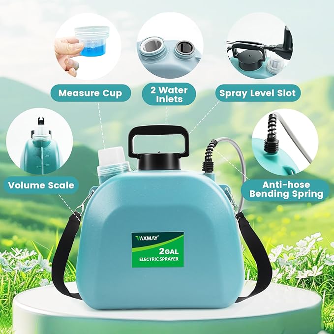 Battery Powered Sprayer 2 Gallon, 2025 Upgrade Electric Sprayer with 3 Adjustable Speed, Battery Indicator, 4 Mist Nozzles, Rechargeable Retractable Wand with Adjustable Shoulder Strap for Lawn Garden