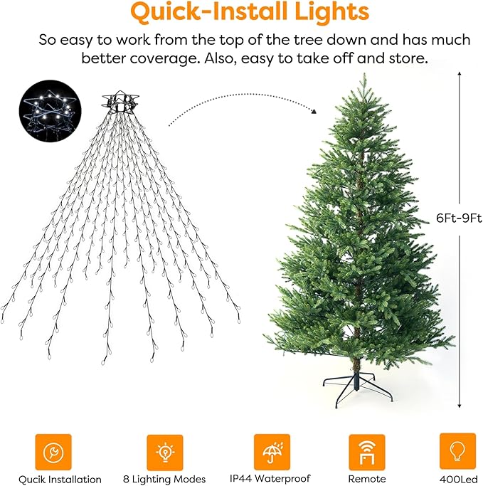 Christmas Tree Lights Christmas Lights Outdoor Indoor Blue 400Led 10 Lines with 8 Light Modes, Timer and Remote Control, Waterfall Tree Lights for Wedding Home Party 6Ft-9Ft Xmas Tree Decorations