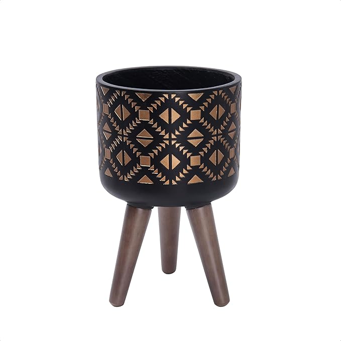 D'vine Dev 8 Inch Planter Pot with Stand, Mid-Century Tall Plant Pot with Legs for Indoor Plants, Small, Bronze/Black, 88-G-A-6