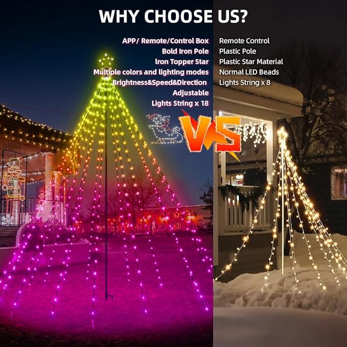10ft Smart Outdoor Christmas Tree Lights,App&Remote Control Iron Pole Waterfall String Lights,DIY RGB Color Changing,Music Sync,Timer,Waterproof Star Tree Lights for Yard,Party,Holiday,Xmas Decor