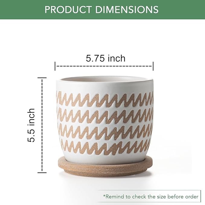 Ceramic Flower Pots Indoor-Outdoor: 5.75 Inch Planters with Drainage Holes & Saucer - Modern Decorative Plant Pots Ceramic for Home Gardeners (Wave)