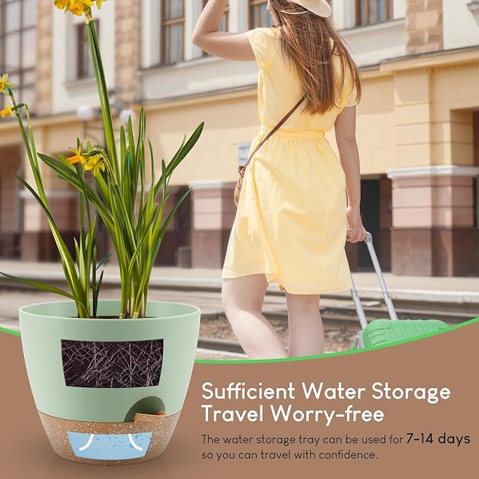 Plant Pots 10/9/8/7.5/7 inch, Self Watering Planters with Drainage Holes & Saucers for Indoor and Outdoor Plants (Green)