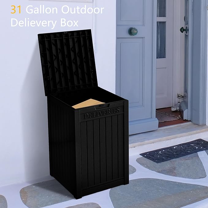 55 Gallon Outdoor Storage Box, Waterproof Resin Deck Box for Patio, Pool, and Garden, Lockable Bin for Cushions, Tools, and Accessories, UV-Resistant, Black
