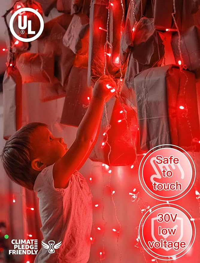 33FT 100 LEDs String Lights Waterproof Fairy Lights 8 Modes with Memory 30V UL Certified Power Supply for Home, Garden, Wedding, Party, Christmas Decoration Indoor Outdoor (Red)