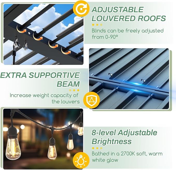LVUYOYO Outdoor Louvered Pergola 10' x 10' with LED String Lights, Aluminum Pergola with Adjustable Roof, Waterproof Metal Gazebo for Patio, Backyard, Garden, Deck (10x10FT with Lights)
