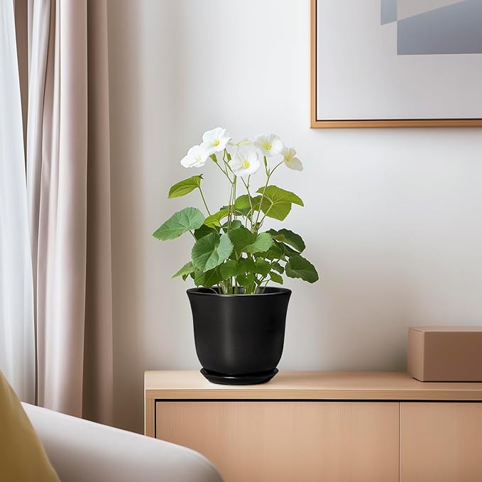 Ceramic Planter - 5.6 Inch Plant Pot for Indoor Outdoor, Round Succulent Pots with Drainage Hole and Saucer, Orchid Flower Pot, Modern Planter, Home Office Decor, House Warming Gifts, Black